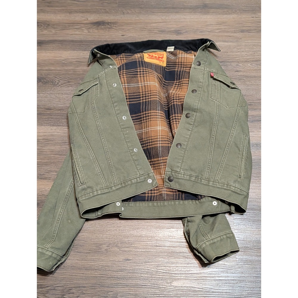 Levis Canvas Trucker Jacket Mens M Olive Green Flannel Lined Corduroy Collar